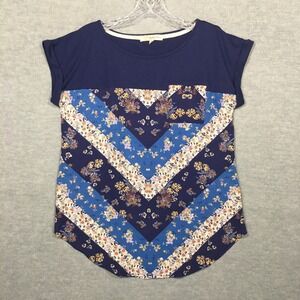 Rewind S Blue Dolman Cap Sleeve Top Floral Prairie Boho Chiffon Mixed Media EUC